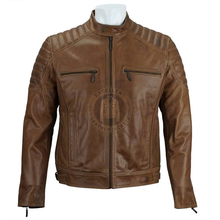 Braune Cafe Racer Lederjacke für Männer im Used-Look 