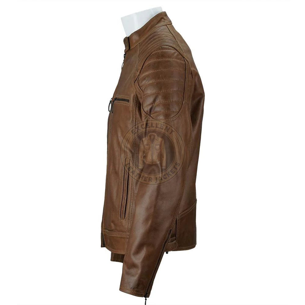 Braune Cafe Racer Lederjacke für Männer im Used-Look 