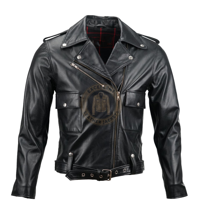 Schwarze klassische Motorrad-Lederjacke für Damen