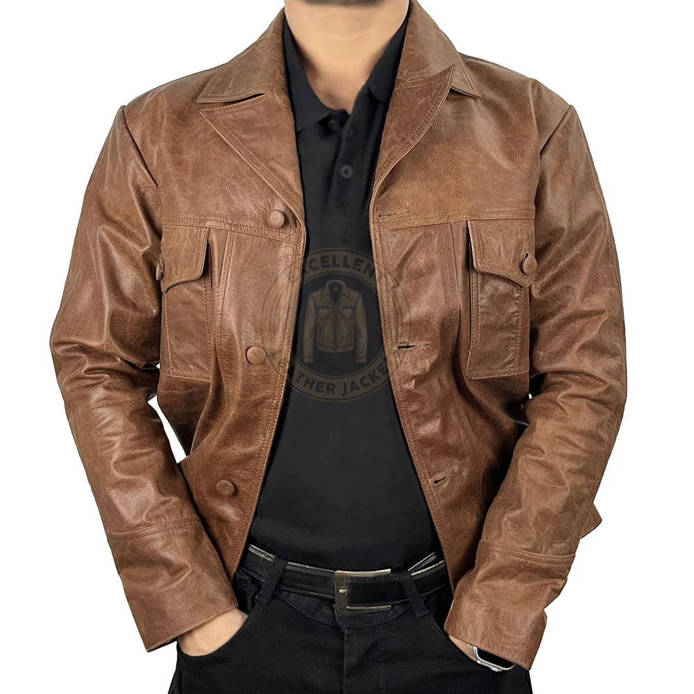 Veste en cuir marron vintage pour homme