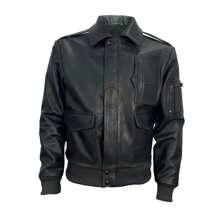 Men's Ma-1 Black Leather Bomber Jacket