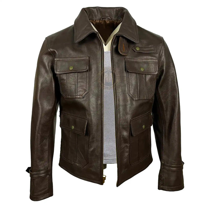 Men's Dark Brown Half-Belt Leather Jacket