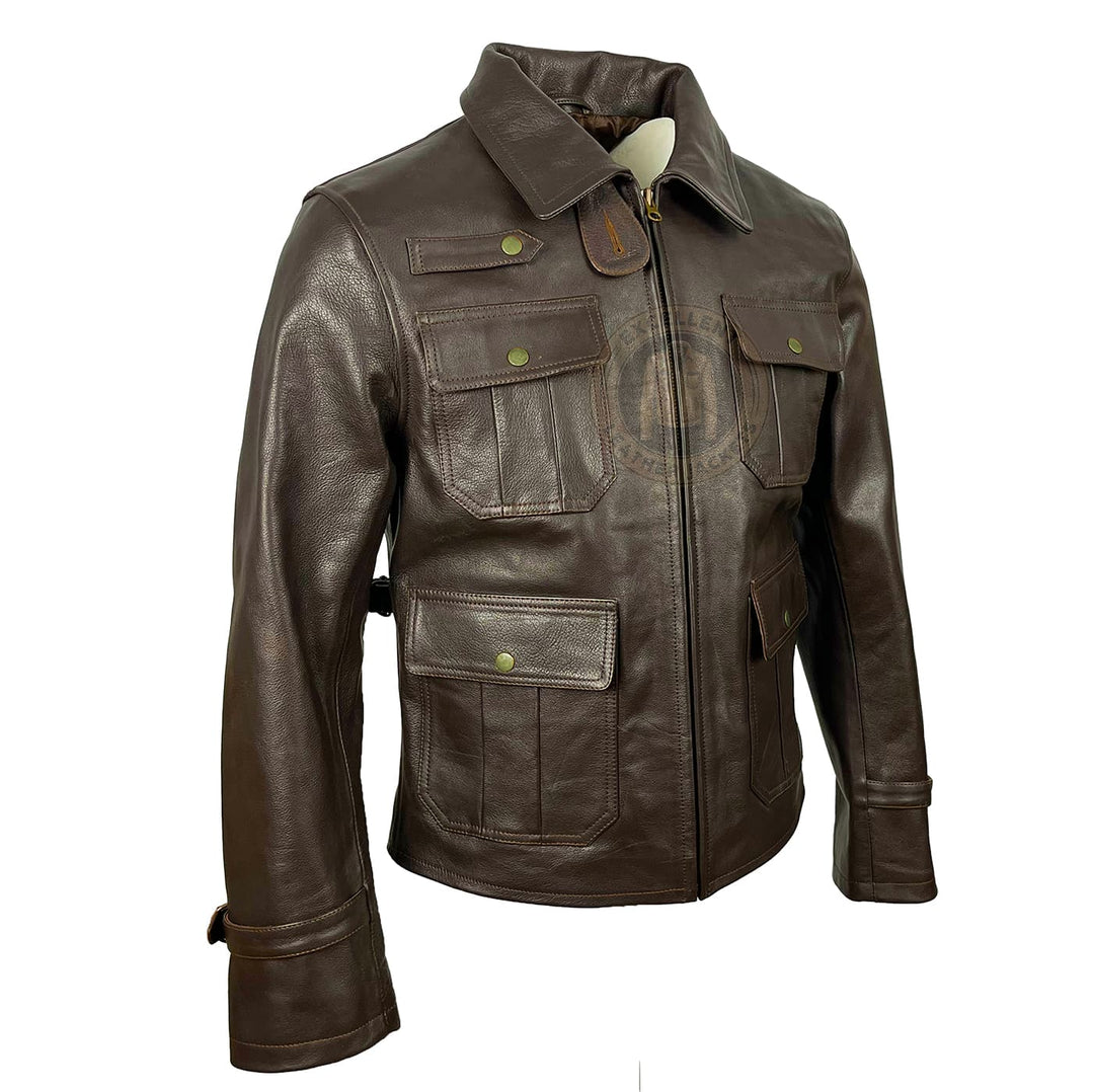 Men's Dark Brown Half-Belt Leather Jacket