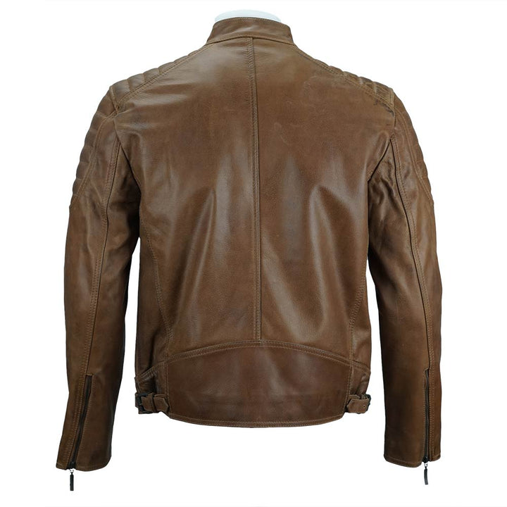 Men Distressed Brown Cafe Racer Leather Jacket