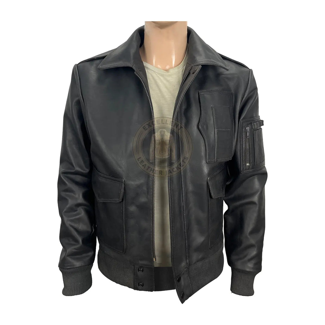 Men's Ma-1 Black Leather Bomber Jacket