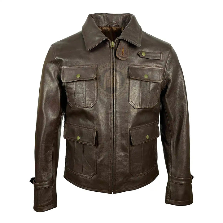 Men's Dark Brown Half-Belt Leather Jacket