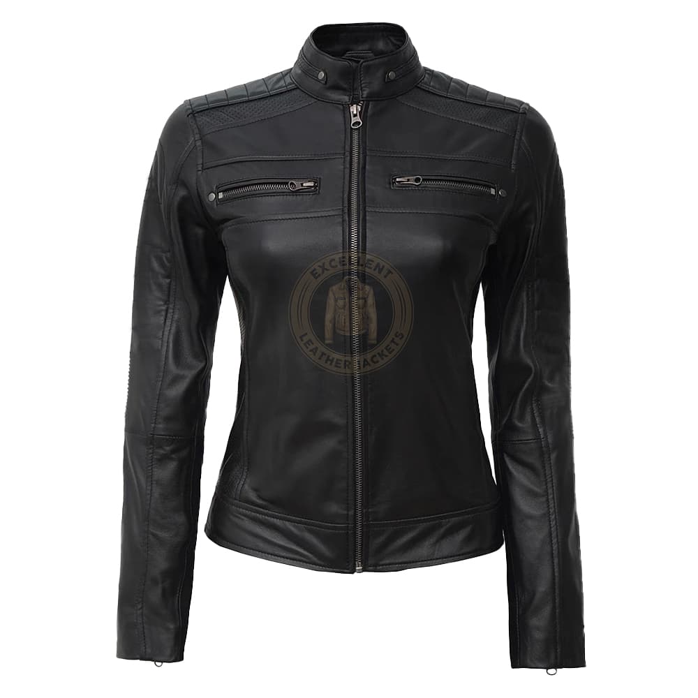 Schwarze Cafe Racer Lederjacke für Damen