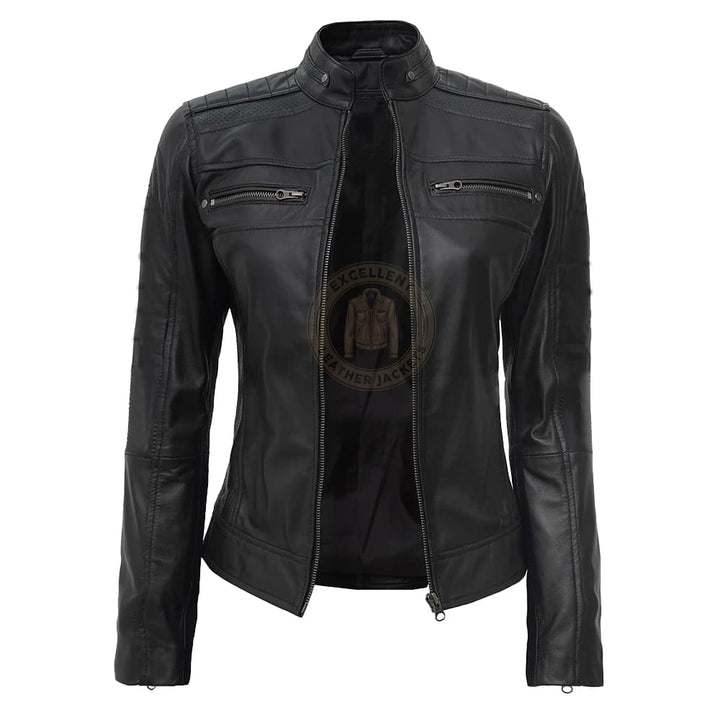 Schwarze Cafe Racer Lederjacke für Damen