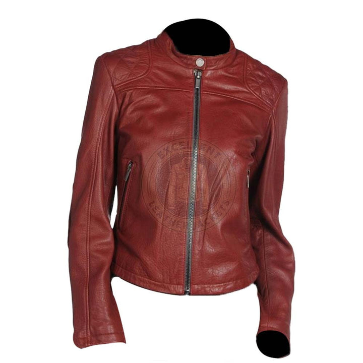 Klassische gesteppte rote Lederjacke für Damen